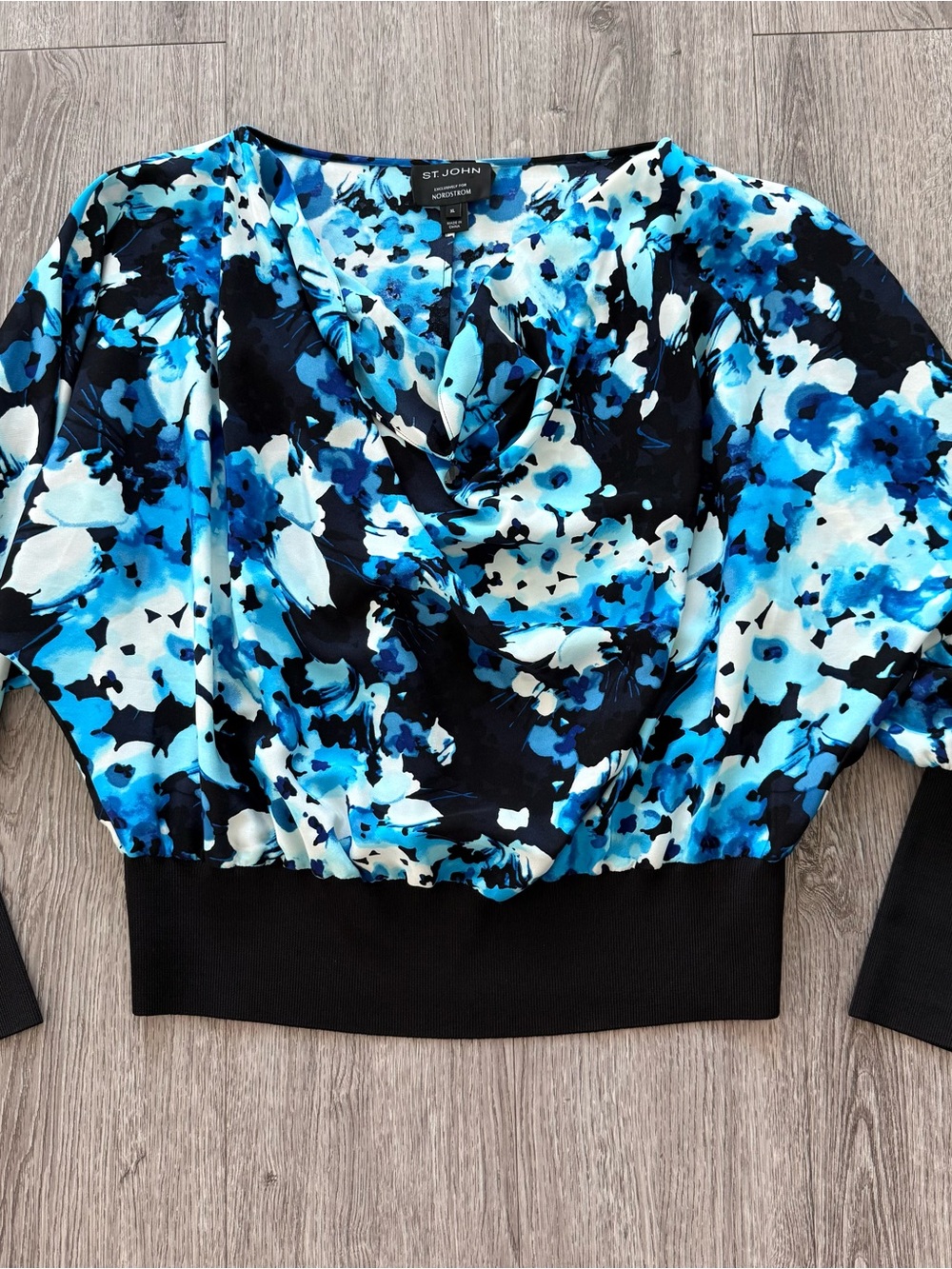 St. John Nordstrom Vibrant Blue Black White Silk Balloon Sleeve Blouse Sz XL